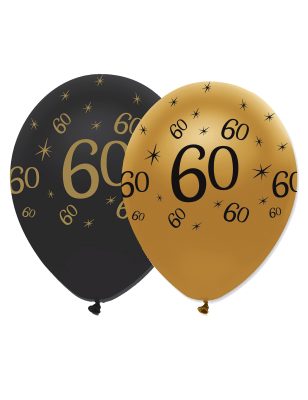 6 Ballons en latex 60 ans noirs et dorés 30 cm