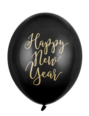 6 Ballons latex noirs Happy New Year doré 30 cm