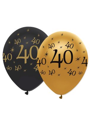 6 Ballons en latex 40 ans noirs et dorés 30 cm