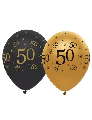 6 Ballons en latex 50 ans noirs et dorés 30 cm