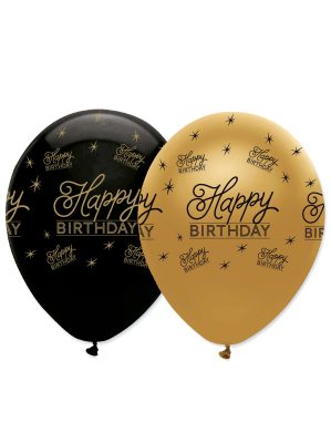 6 Ballons en latex Happy Birthday noirs et dorés 30 cm