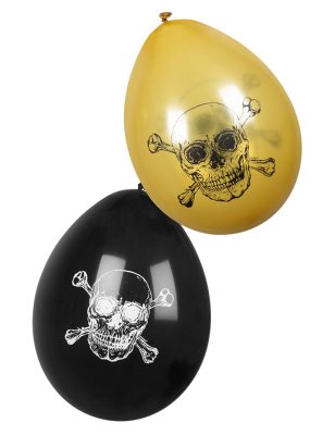6 Ballons Pirate Jolly Roger noir et doré 25 cm