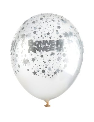 6 Ballons en latex transparents Bonne année argent 30 cm