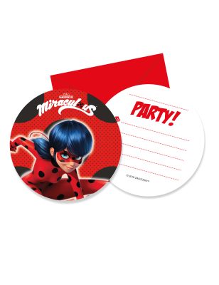 6 Cartons d'invitation avec enveloppes Miraculous Ladybug
