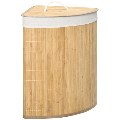 HOMCOM Panier à linge en bambou d'angle 55L avec couvercle et sac amovible 38 x 38 x 57 cm bois naturel et blanc