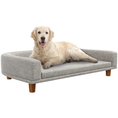 PawHut Canapé pour chien grand lit surélevé pour chien coussin lavable cadre en bois tissu polyester 98 x 67 x 25 cm gris