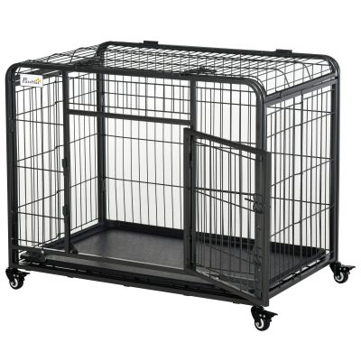 PawHut Cage pour chien pliable porte avec loquets couvercle ouvrant grille inférieure amovible plateau amovible inclus 4 roulettes avec frein métal