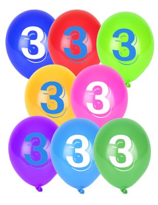 8 Ballons chiffre 3 multicolores 30 cm