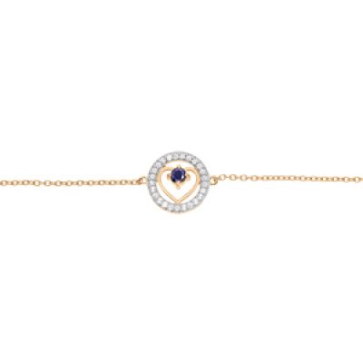Bracelet en vermeil chaîne avec coeur Saphir véritable et contour Topaze blanche 16+3cm