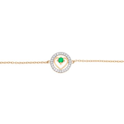 Bracelet en vermeil chaîne avec coeur Emeraude véritable et contour Topaze blanche 16+3cm