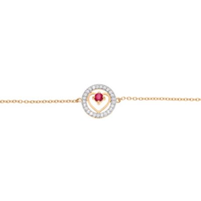 Bracelet en vermeil chaîne avec coeur Rubis véritable contour oxydes blancs sertis 16+3cm