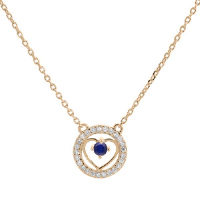 Collier en vermeil chaîne avec pendentif anneau cerclé d'oxydes blancs et coeur Saphir véritable 42+3cm