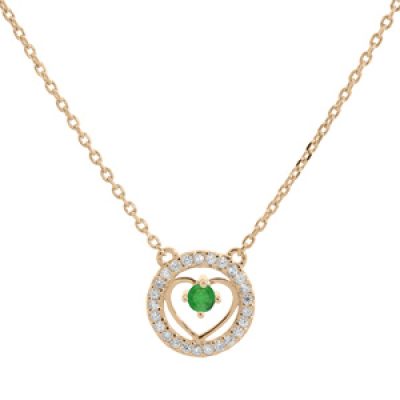 Collier en vermeil chaîne avec pendentif anneau cerclé d'oxydes blancs et coeur Emeraude véritable 42+3cm