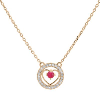 Collier en vermeil chaîne avec pendentif anneau cerclé d'oxydes blancs et coeur Rubis véritable 42+3cm