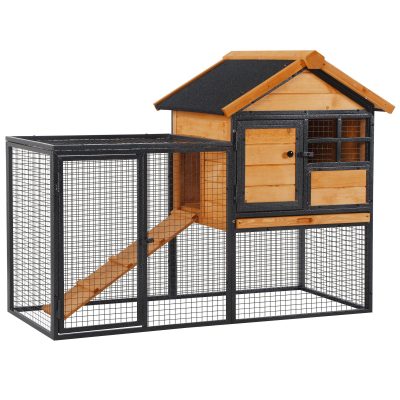 PawHut Clapier cage à lapins cottage - niche supérieure avec rampe et enclos extérieur - plateau excrément