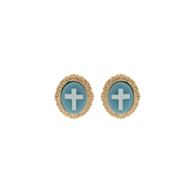 Boucles d'oreille en plaqué or Camée motif croix sur fond bleu et fermoir poussette