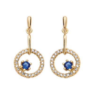 Boucles d'oreille pendantes en plaqué or collection joaillerie anneau d'oxydes blancs et pierre en verre bleu nuit et fermoir poussette