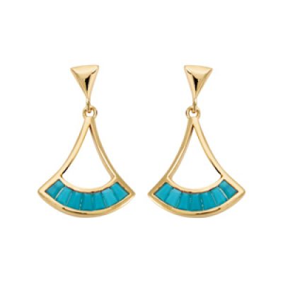 Boucles d'oreille pendantes en plaqué or éventail couleur turquoise et fermoir poussette