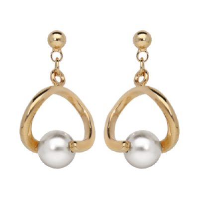 Boucles d'oreille pendantes en plaqué or perle blanche de synthèse sur triangle et fermoir poussette