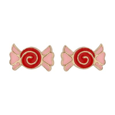 Boucles d'oreille en plaqué or bonbon rouge et rose et fermoir poussette