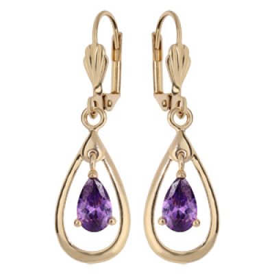 Boucles d'oreille pendantes en plaqué or avec ovale et pierre violette et fermoir dormeuse