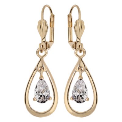 Boucles d'oreille pendantes en plaqué or avec ovale et pierre blanche et fermoir dormeuse