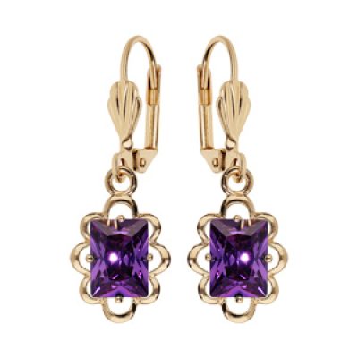 Boucles d'oreille pendantes en plaqué or avec pierre carre violette serti et fermoir dormeuse
