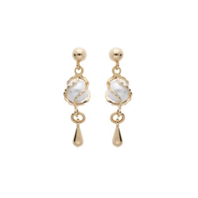 Boucles d'oreille en plaqué or pendante avec perle blanche de synthèse et fermoir poussette
