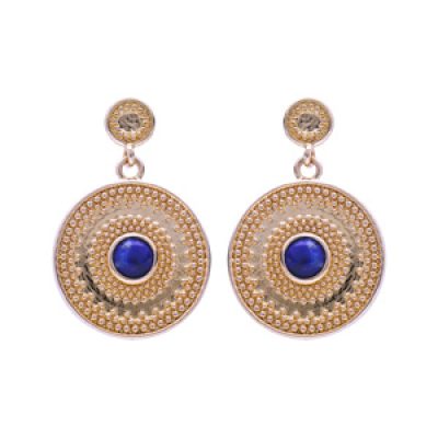 Boucles d'oreille pendantes en plaqué or rond suspendu forme géométrique avec Lapis Lazuli véritable et fermoir poussette