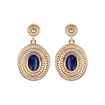 Boucles d'oreille pendantes en plaqué or ovale pierre Lapis Lazuli véritable et fermoir poussette