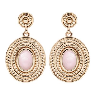 Boucles d'oreille pendantes en plaqué or ovale pierre Quartz rose véritable et fermoir poussette