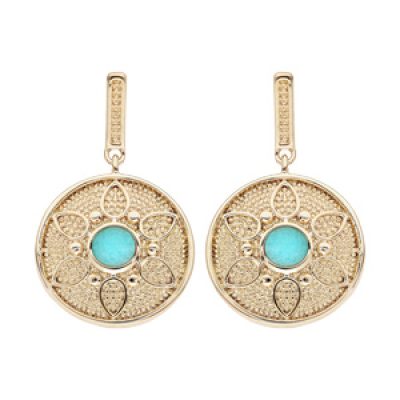 Boucles d'oreille pendantes en plaqué or rond suspendu avec motif fleur et pierre couleur turquoise et fermoir poussette