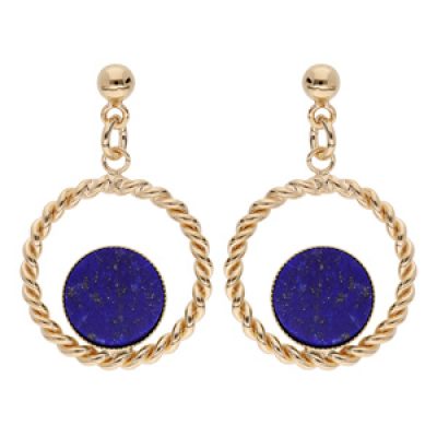 Boucles d'oreille pendantes en plaqué or anneau torsadé suspendu avec pierre Lapis Lazuli véritable et fermoir poussette
