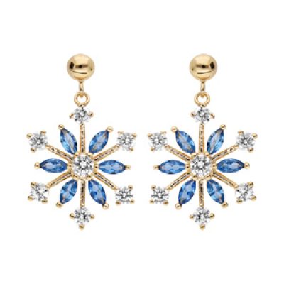 Boucles d'oreille pendantes en plaqué or flocon de neige oxydes blancs sertis et navettes bleues et fermoir poussette