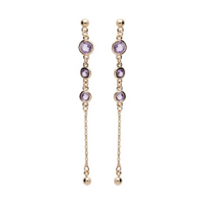 Boucles d'oreille en plaqué or pendantes avec oxydes ronds violets et chaînette et fermoir poussette