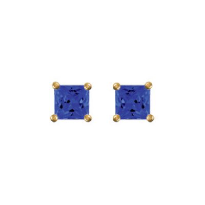 Boucles d'oreilles en plaqué or solitaire oxyde carré bleu foncé 4 griffes et fermoir poussette