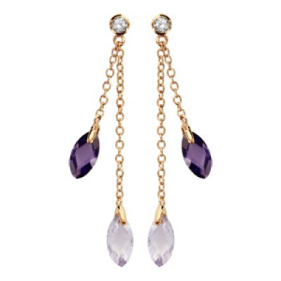 Boucles d'oreilles pendantes en plaqué or chaînette longue et courte avec goutte violette et lavande et fermoir poussette