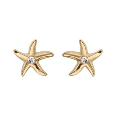 Boucles d'oreilles en plaqué or étoile de mer avec 1 oxyde blanc au centre et fermoir poussette