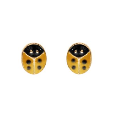 Boucles d'oreille en plaqué or coccinelle jaune avec point noir et fermoir poussette