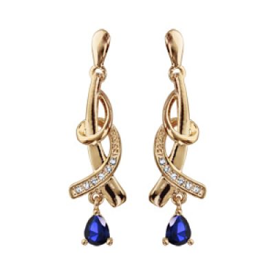 Boucles d'oreilles pendantes en plaqué or collection joaillerie 2 brins entrelacés avec oxyde bleu suspendu et fermoir poussette