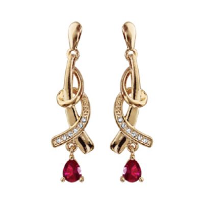 Boucles d'oreilles pendantes en plaqué or collection joaillerie 2 brins entrelacés avec oxyde rouge suspendu et fermoir poussette