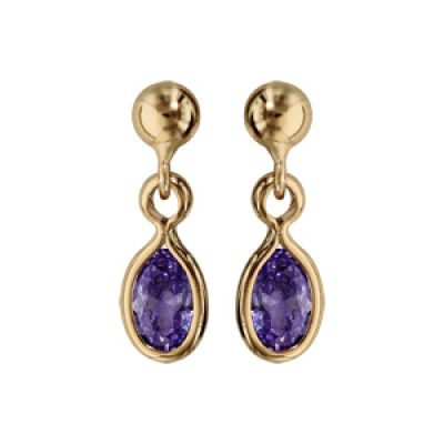 Boucles d'oreille pendantes en plaqué or avec navette violet foncé et fermoir poussette