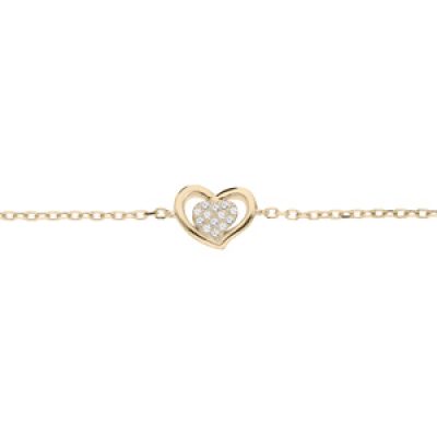 Bracelet en plaqué or chaîne avec coeur oxydes blancs sertis 16+3cm