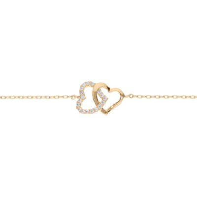 Bracelet en plaqué or chaîne avec double coeur entrelacé oxydes blancs sertis 16+2