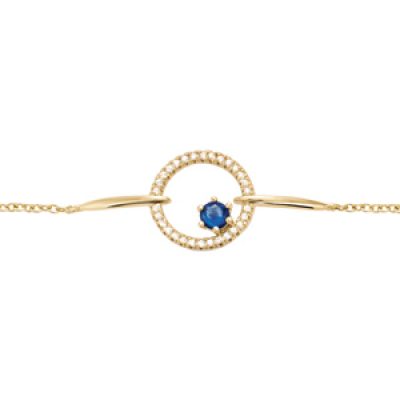 Bracelet en plaqué or chaîne cercle évidé avec 1 pierre bleu nuit contour oxydes blancs sertis - longueur 16+2cm