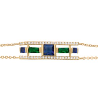 Bracelet en plaqué or géometrique verre bleu foncé et vert contour oxydes blancs sertis 16+3cm
