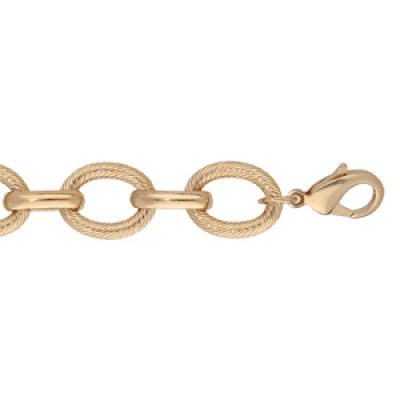 Bracelet en plaqué or avec grosses mailles ovales lisses et ciseleés fermoir mousqueton 20+3cm