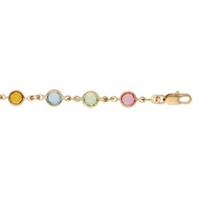Bracelet en plaqué or tutti frutti rond maillons ornés oxydes multi couleurs pastels 16+3cm