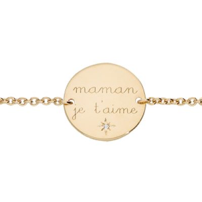 Bracelet en plaqué or chaîne avec plaque gravée "maman je t'aime" et 1 oxyde blanc serti 16+3cm