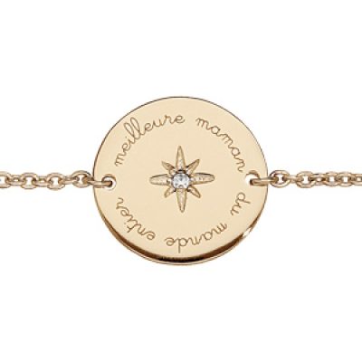 Bracelet en plaqué or chaîne avec plaque gravée "meilleure maman du monde entier" avec oxyde blanc serti 16+3cm